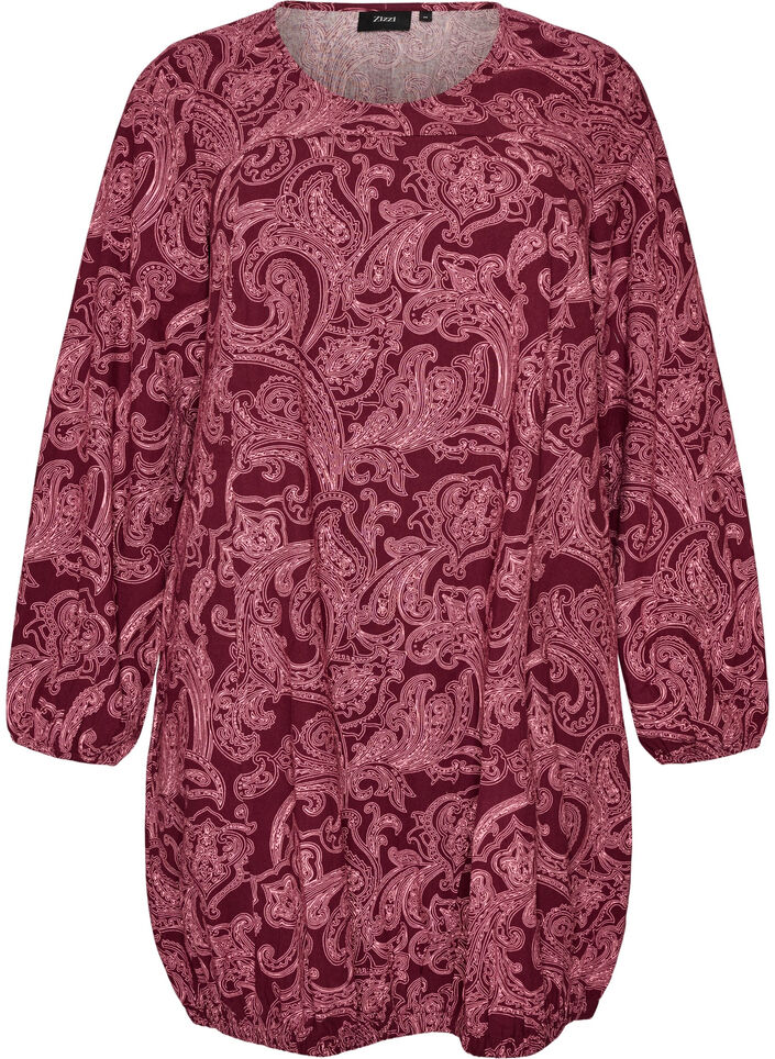 Short cotton dress with an elasticated hem and long sleeves, Dark Bordeaux, Packshot image number 0