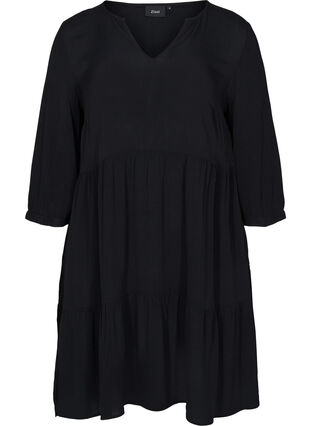 A-line viscose dress with 3/4 sleeves, Black, Packshot image number 0