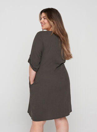 Cotton dress with buttons and 3/4 sleeves, Khaki As sample, Model image number 1
