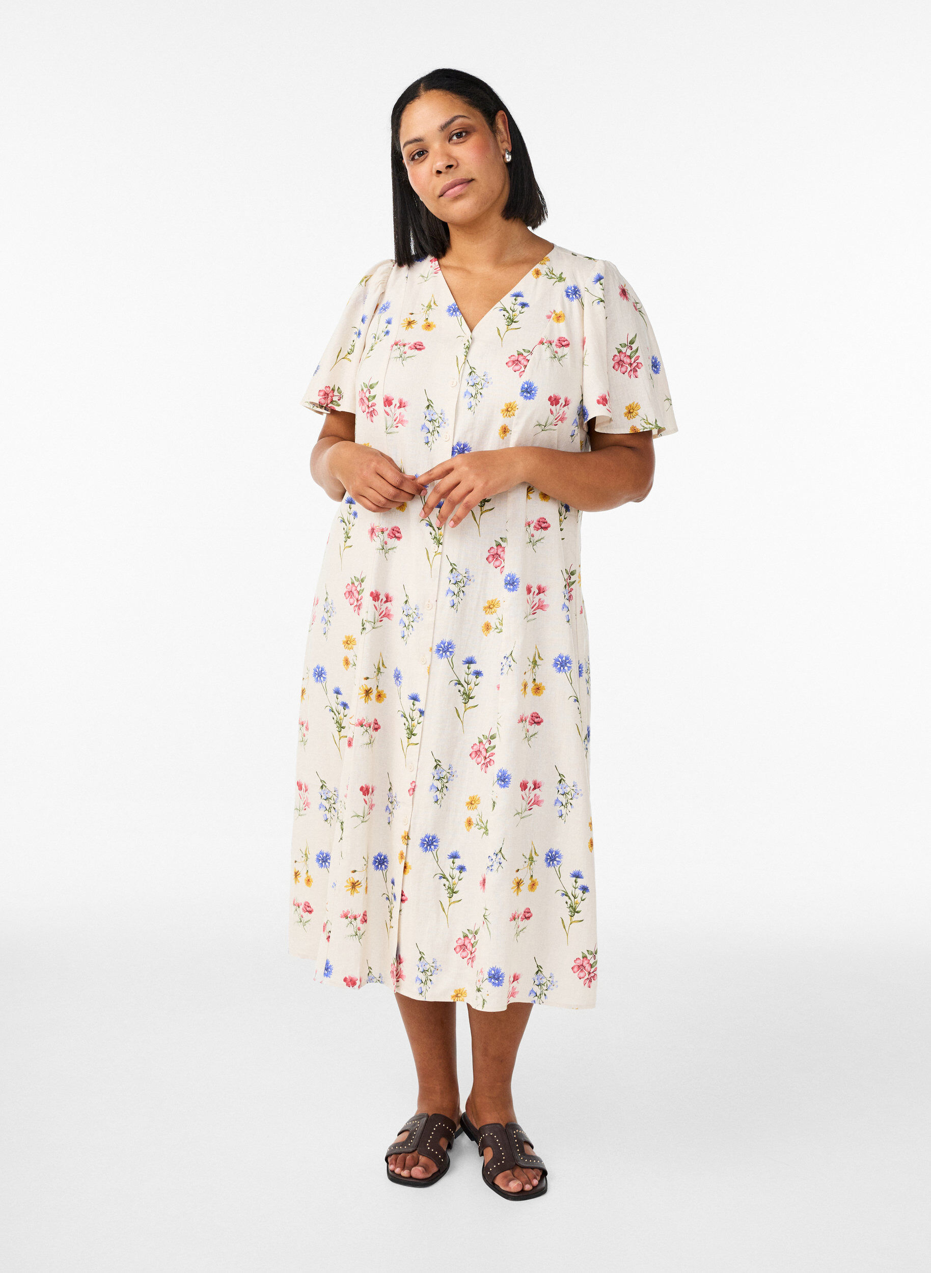 Midi dress in linen and viscose with ruffle sleeves, Beige, Model