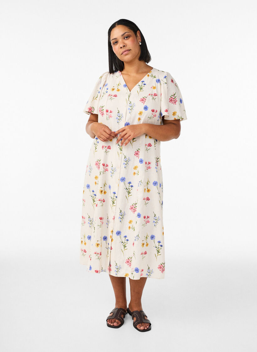 Midi dress in linen and viscose with ruffle sleeves, Beige, Model image number 0