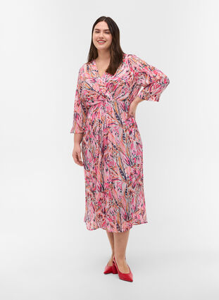 Printed midi dress with v-neck and 3/4 sleeves, Pink Feather, Model image number 2