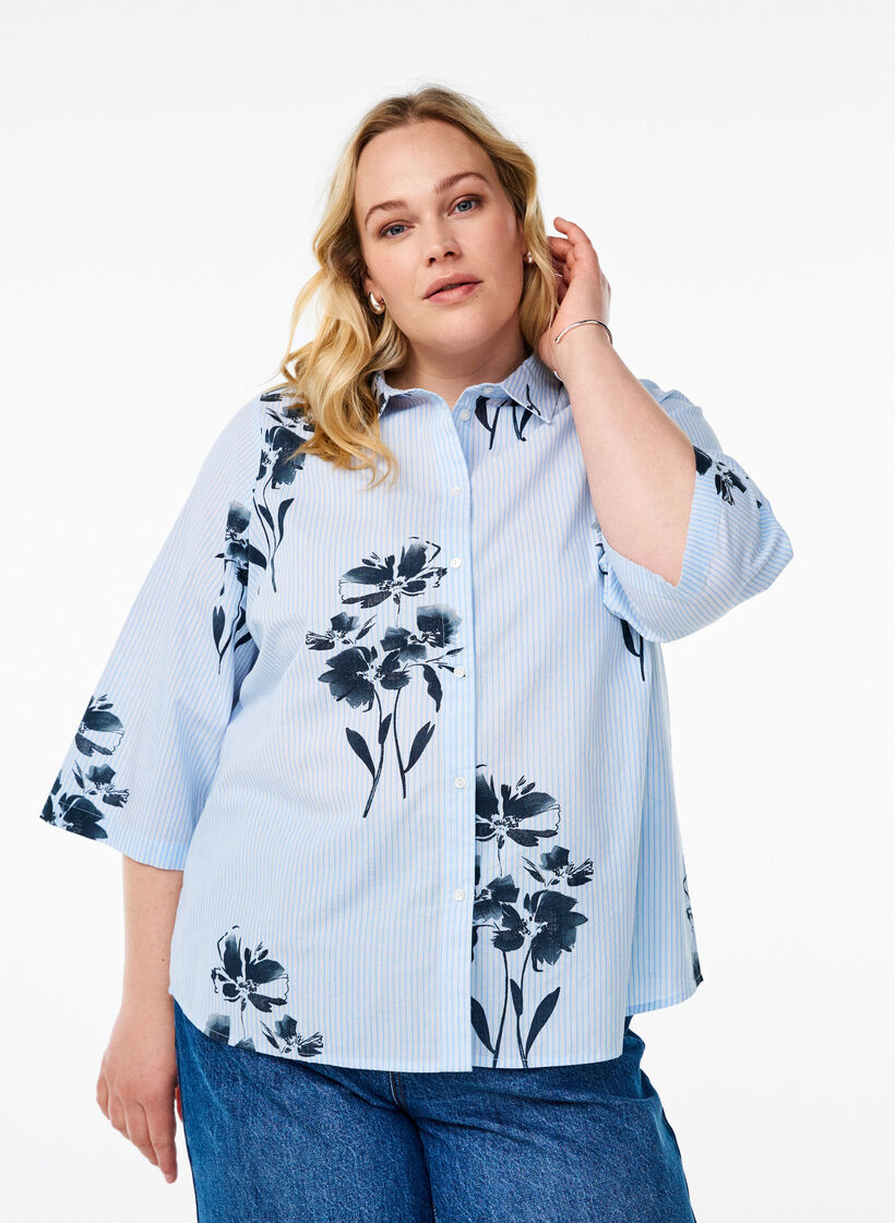 Striped shirt with floral print and 3/4 sleeves, Light Blue, Model image number 0