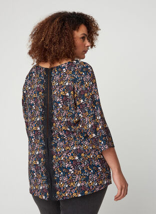 Printed blouse with lace back and 3/4-length sleeves, Black/Multi Flower, Model image number 1
