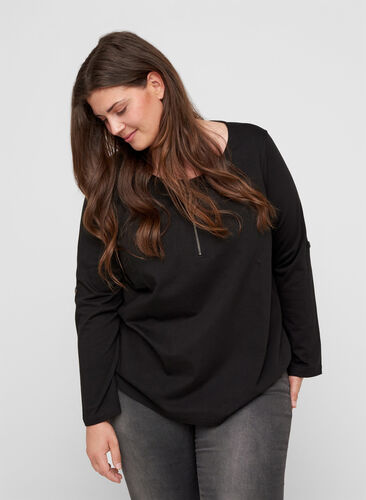 Cotton blouse with a zip detail, Black, Model image number 0