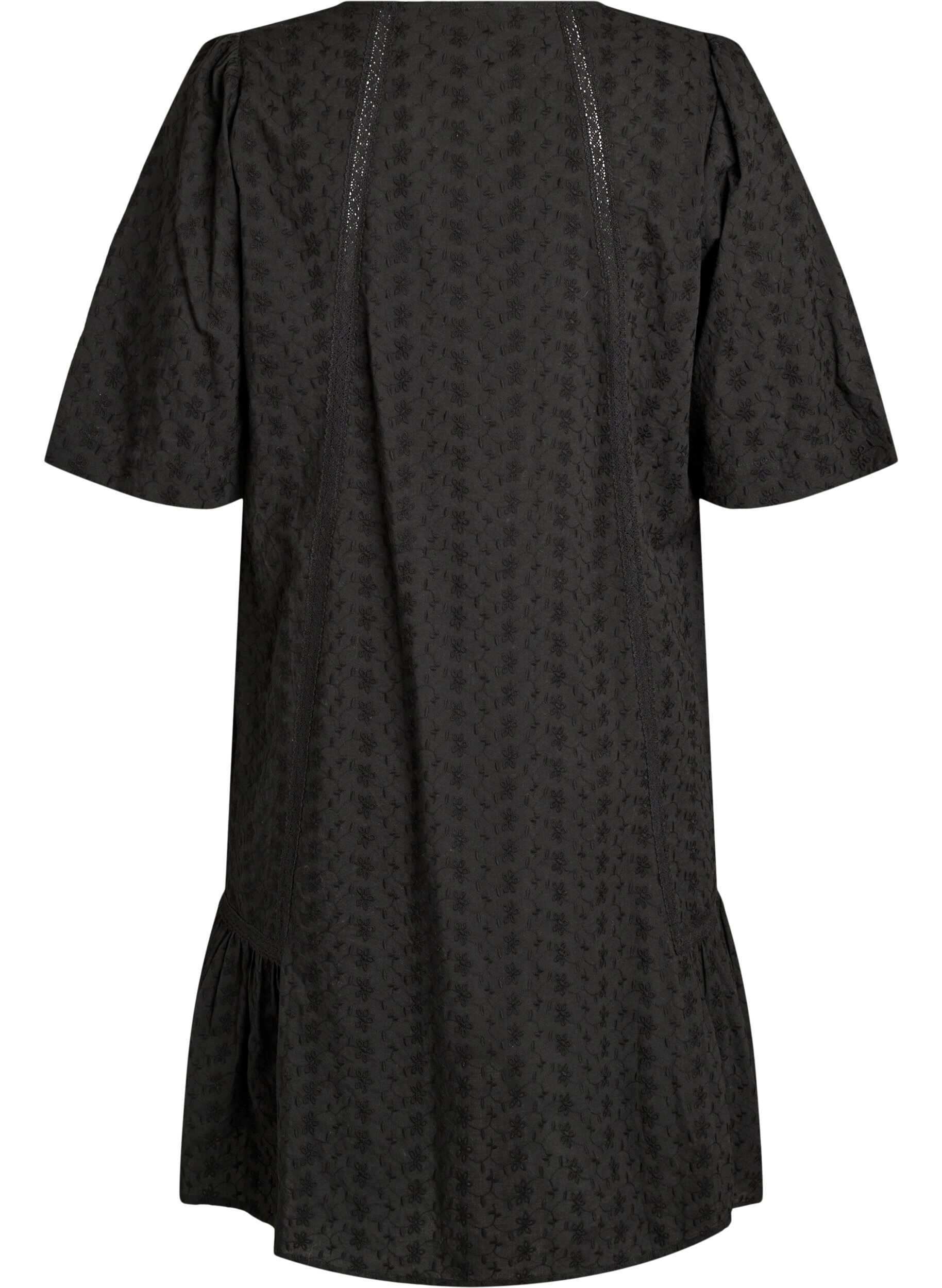 Zizzifashion Knee-length cotton dress with embroidery and a V-neck, Black, Packshot image number 1