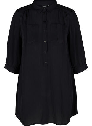 Viscose tunic with buttons and 3/4 sleeves, Black, Packshot image number 0