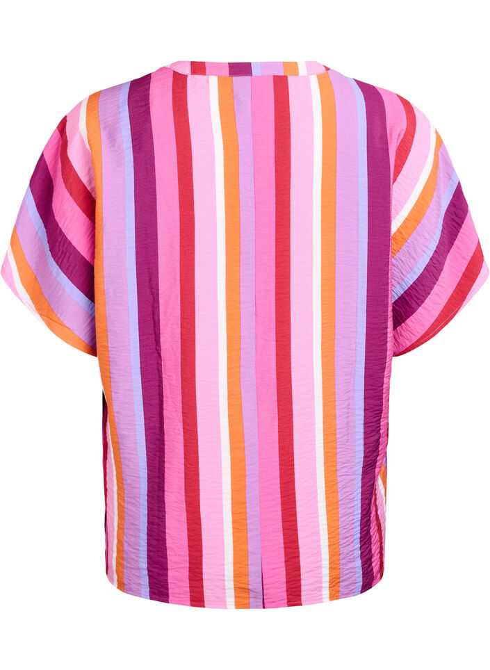 Striped viscose blouse with short sleeves, Pink, Packshot image number 1