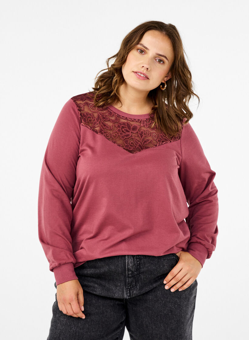Sweatshirt with lace details, Rose Brown, Model image number 0