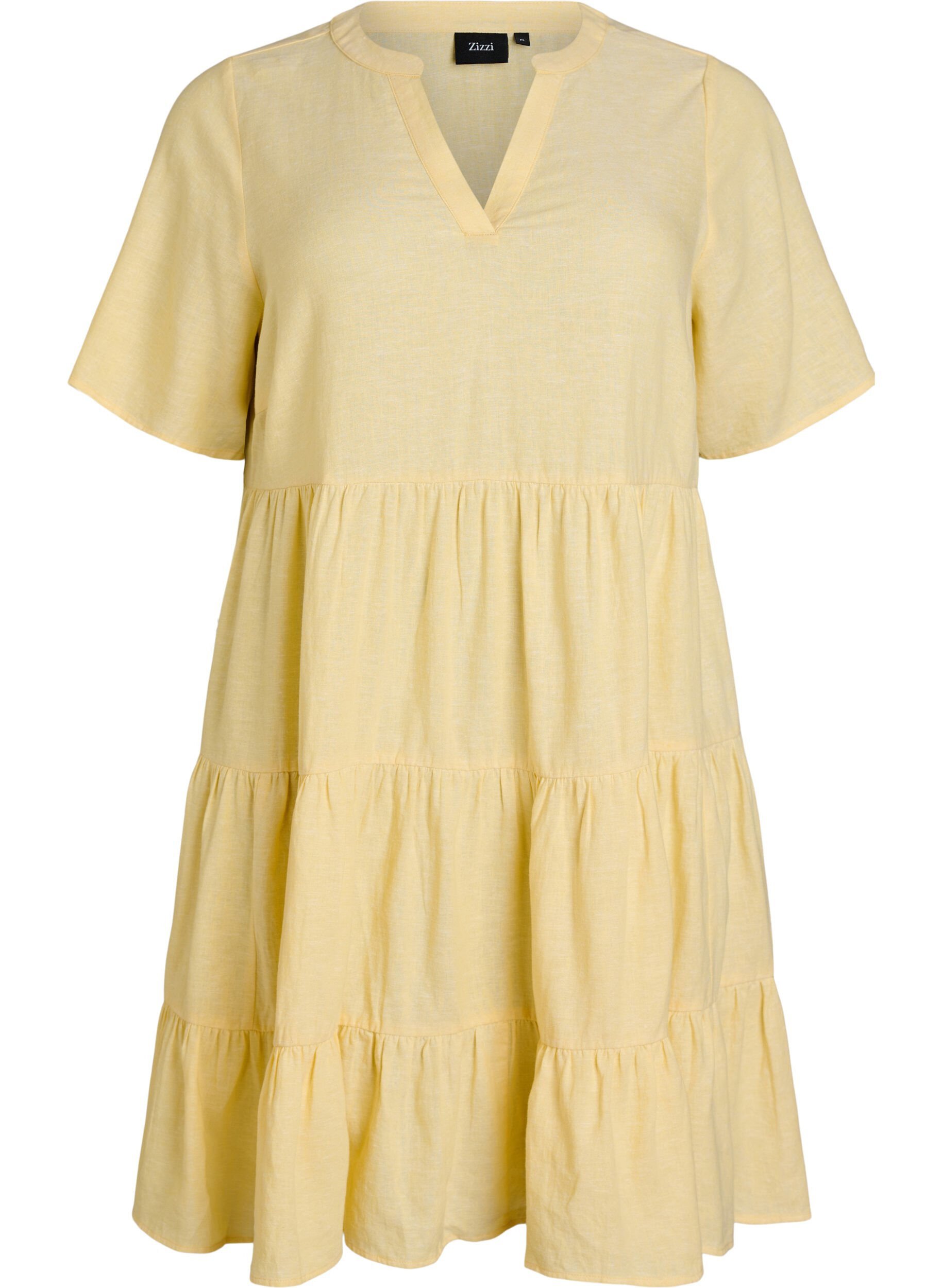 Knee-length A-line dress in linen and viscose