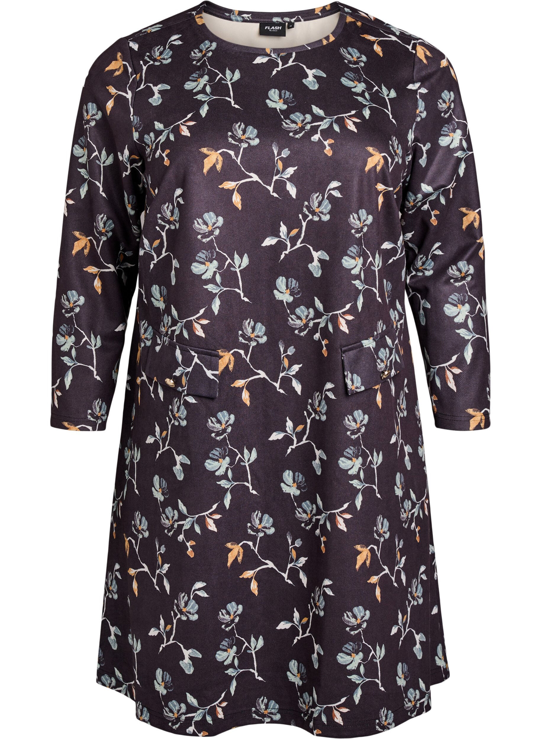 Zizzifashion FLASH - Short A-line dress with 7/8 sleeves, Black, Packshot image number 0