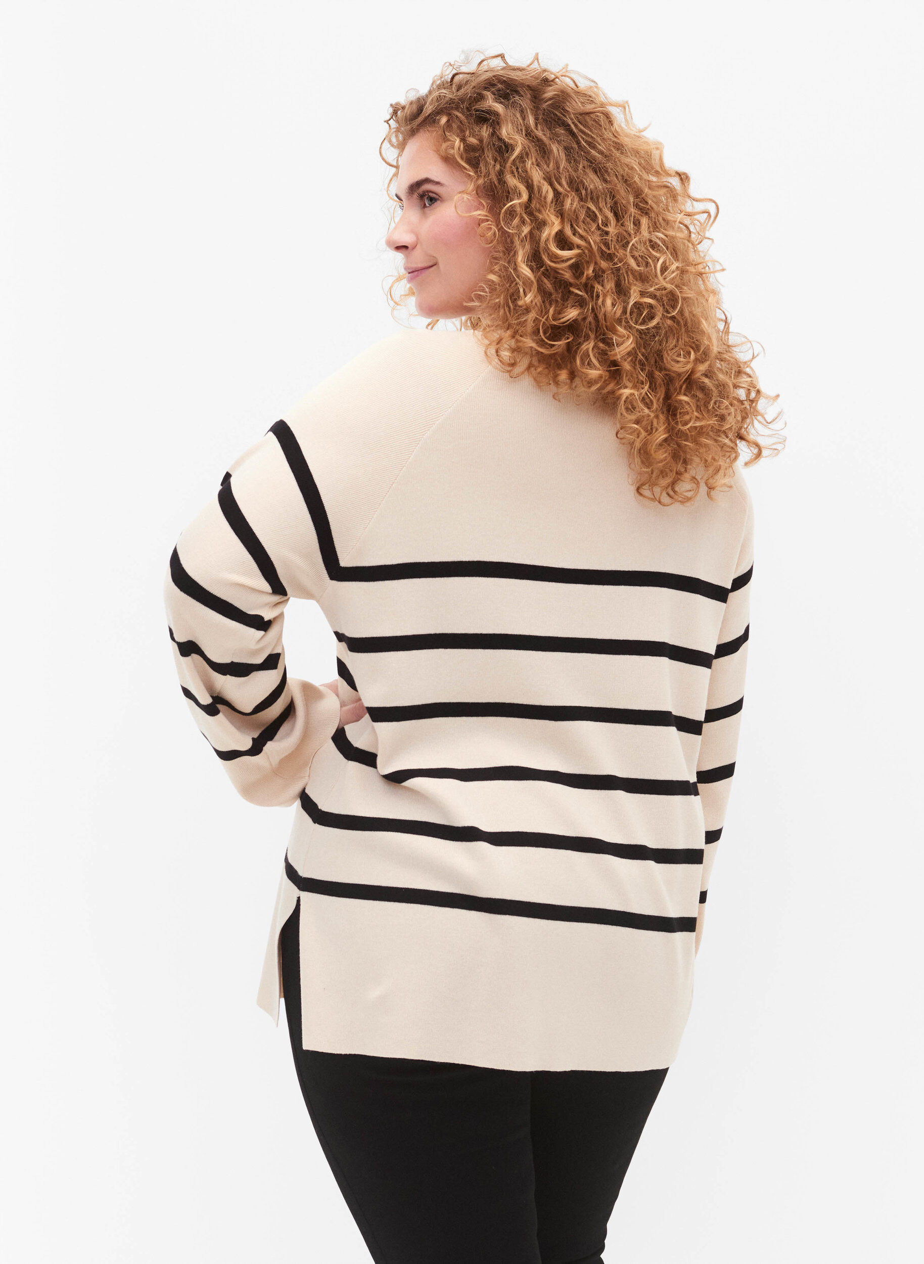Zizzifashion Striped Viscose Sweater, Sandshell/Black S., Model image number 1