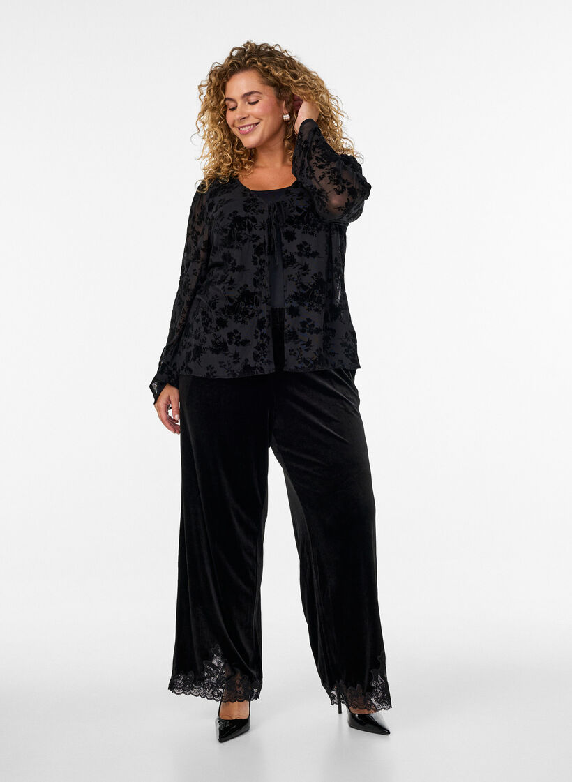 Mesh blouse with floral pattern and open front, Black, Model image number 1