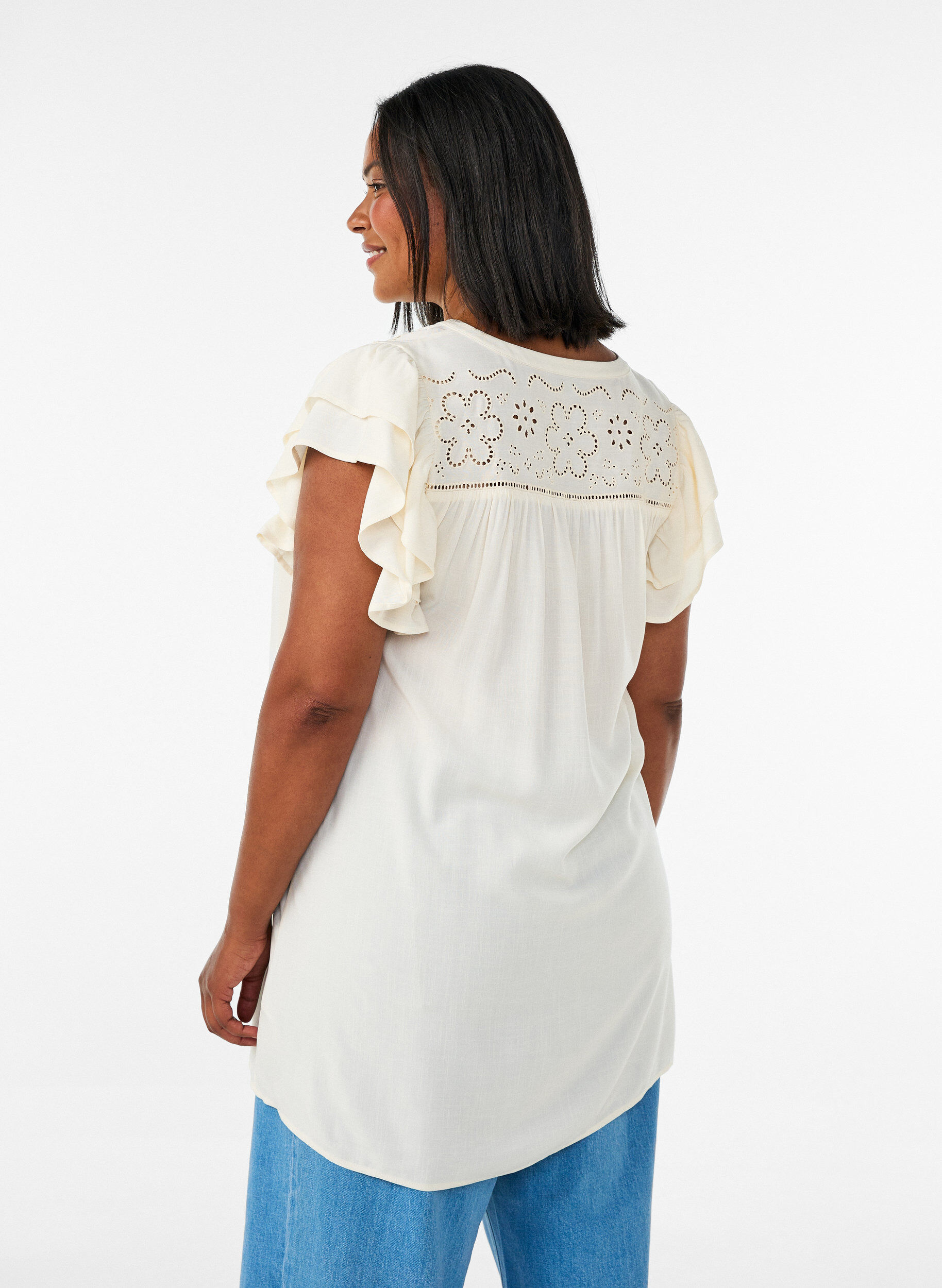Zizzifashion Tunic with broderie anglaise and ruffle sleeves, Beige, Model image number 2