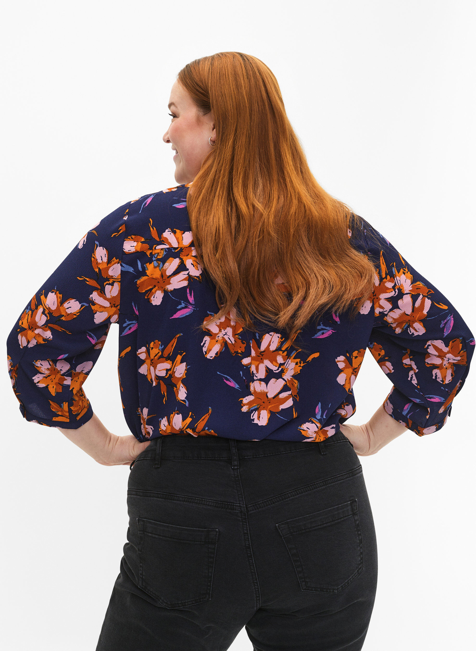 Zizzifashion Floral blouse with 3/4 sleeves, Peacoat Flower AOP, Model image number 1
