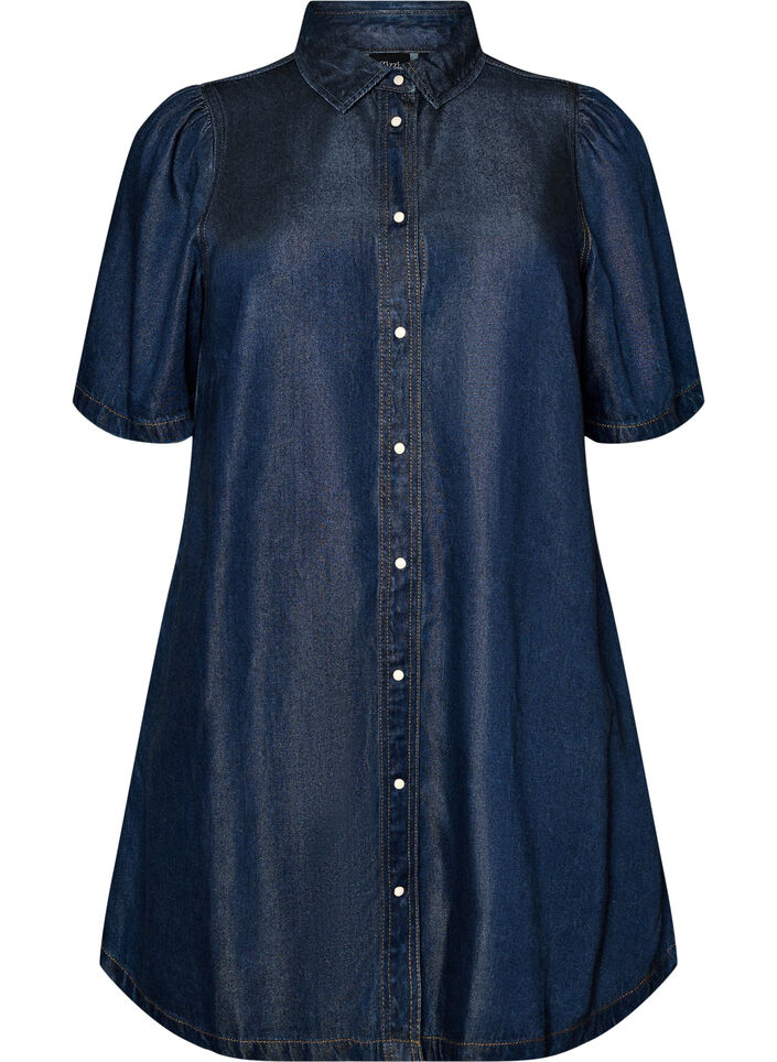 Denim dress in lyocell with buttons and short sleeves, Blue, Packshot image number 0