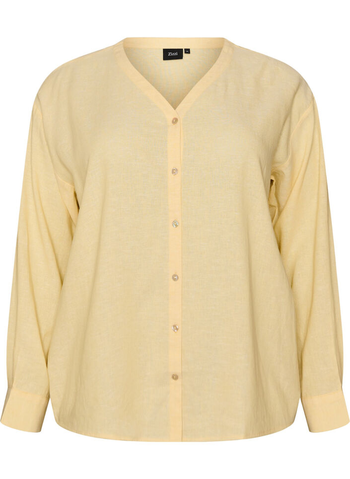 Blouse in linen and viscose with V-neck, Yellow, Packshot image number 0