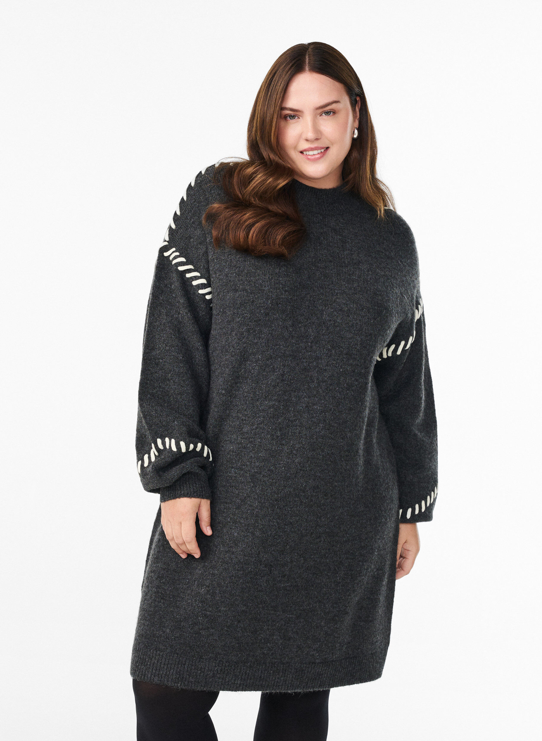 Knitted dress with contrast stitching, Dark Grey, Model