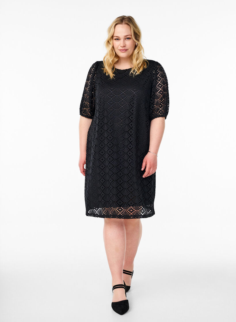Knee-length dress with eyelet pattern and short sleeves, Black, Model image number 1