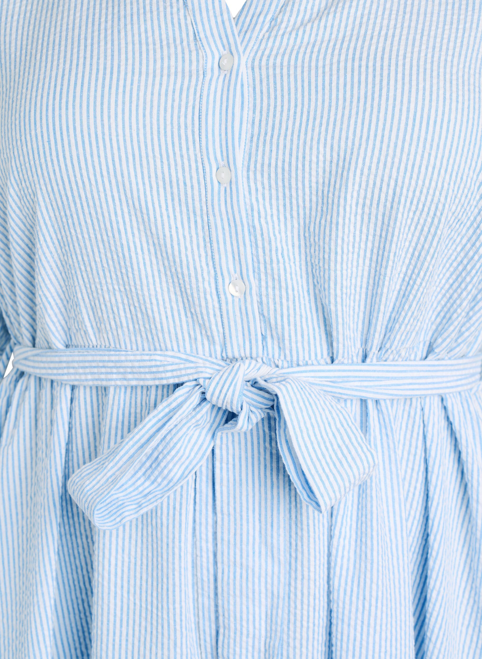 Zizzifashion Striped midi dress in cotton with a tie-belt, White, Packshot image number 2