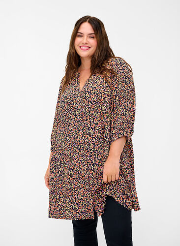 Viscose tunic with print and 3/4 sleeves, Ditsy Flower AOP, Model image number 0