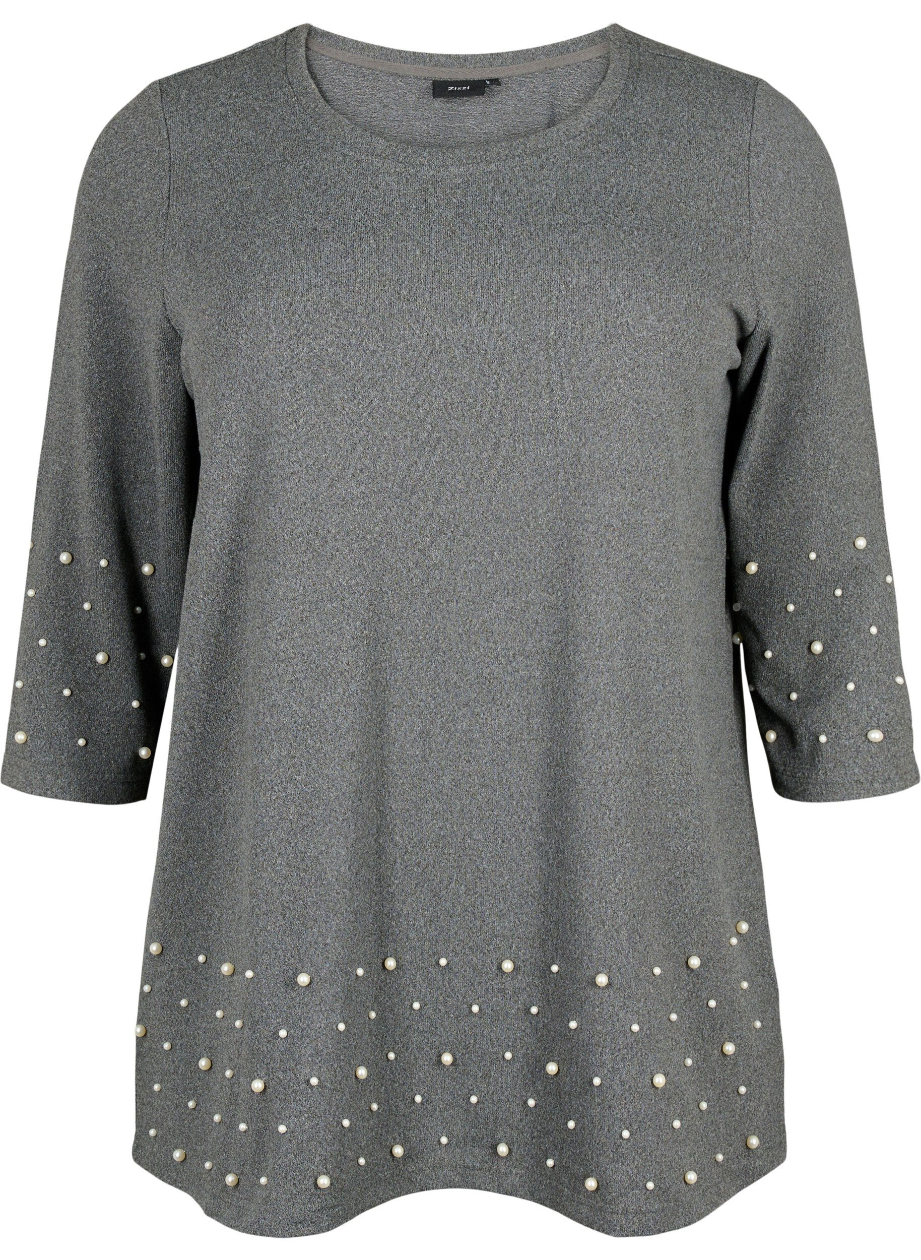 Zizzifashion Blouse with pearls and 3/4 sleeves, Dark Grey Melange, Packshot image number 0