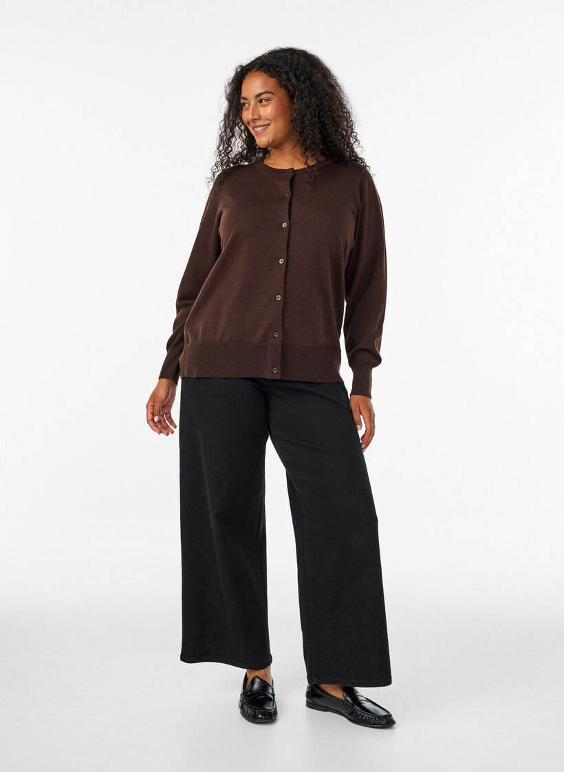 Fine-knit cardigan with round neck, Brown, Model image number 1