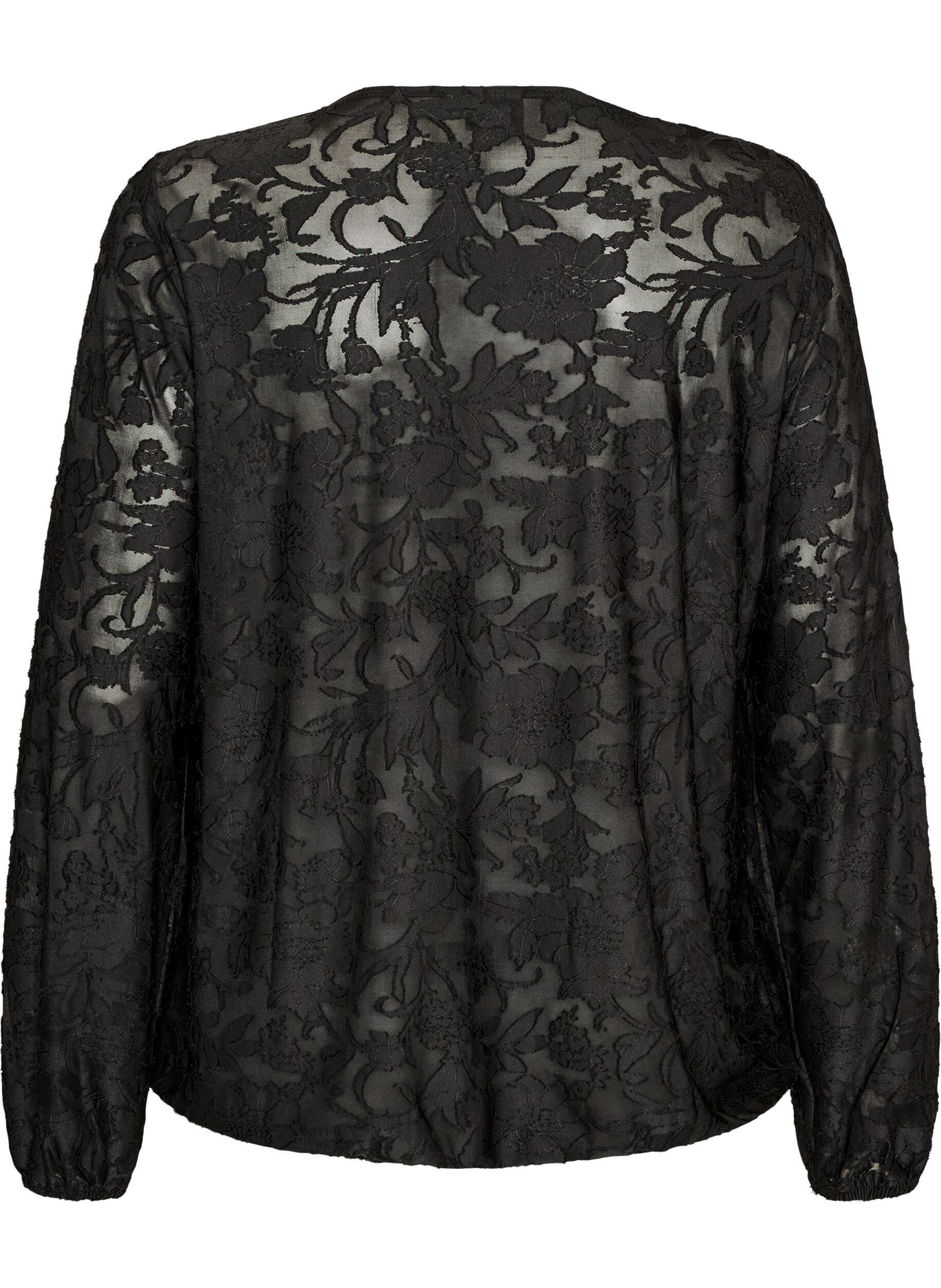 ZizzifashionSheer blouse with floral texture and long sleeves, Black, Packshot image number 1