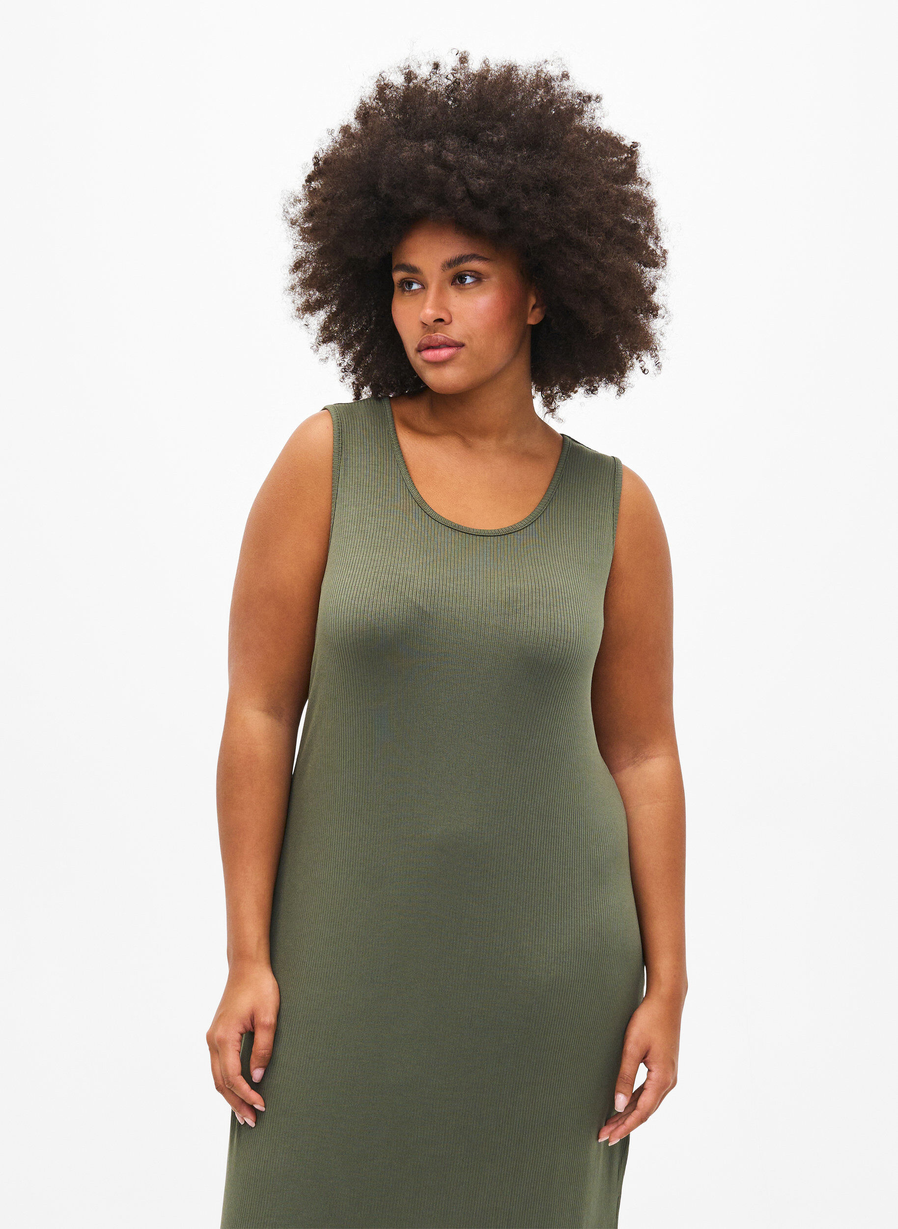 Zizzifashion Sleeveless ribbed dress in viscose, Green, Model image number 2