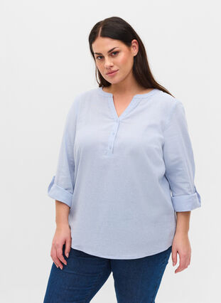 Shirt blouse in cotton with a v-neck, Icelandic Blue, Model image number 0