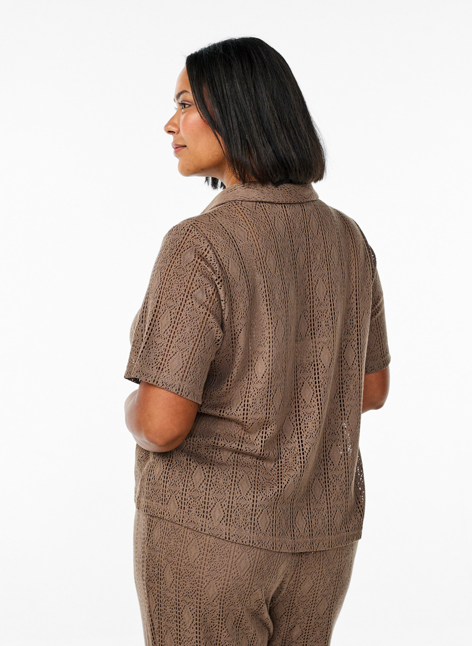 Zizzifashion Short-sleeved shirt with openwork pattern, Brown, Model image number 2