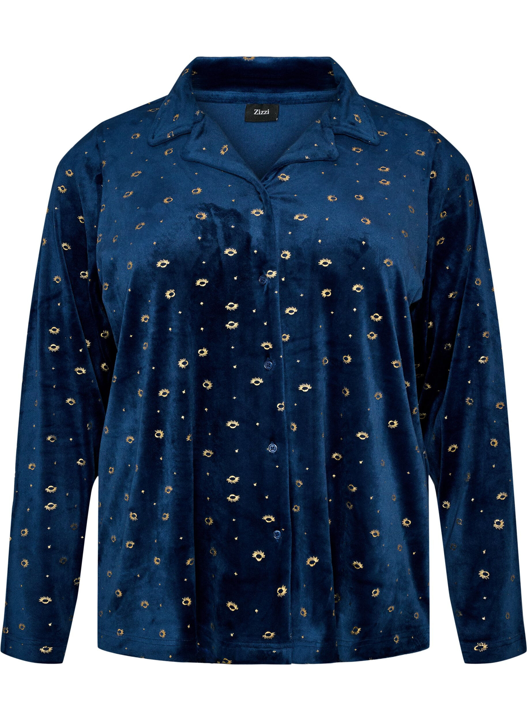 ZizzifashionVelour pyjama shirt with an all-over print, Blue, Packshot image number 0