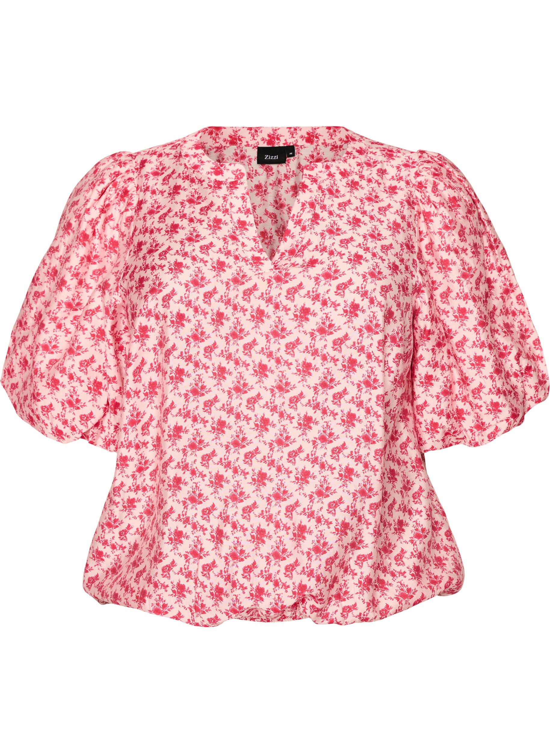 Zizzifashion Floral viscose blouse with balloon sleeves, Red, Packshot image number 0