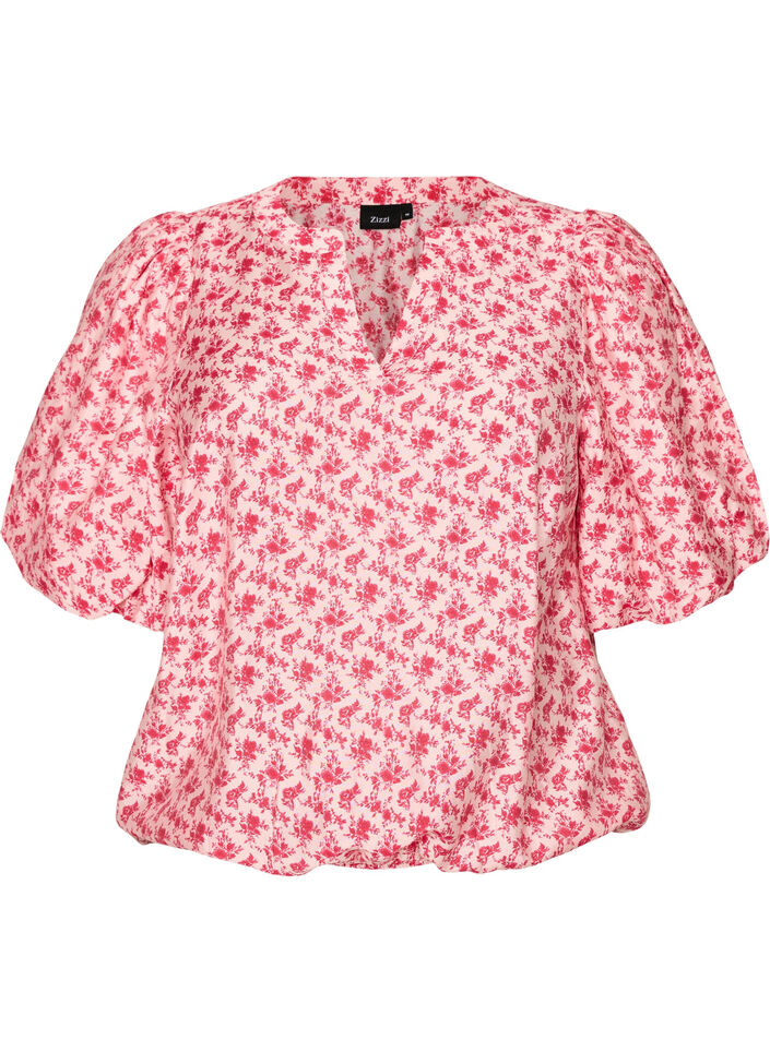 Floral viscose blouse with balloon sleeves, Red, Packshot image number 0