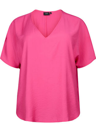 Short-sleeved viscose blouse with v-neck, Beetroot Purple, Packshot image number 0
