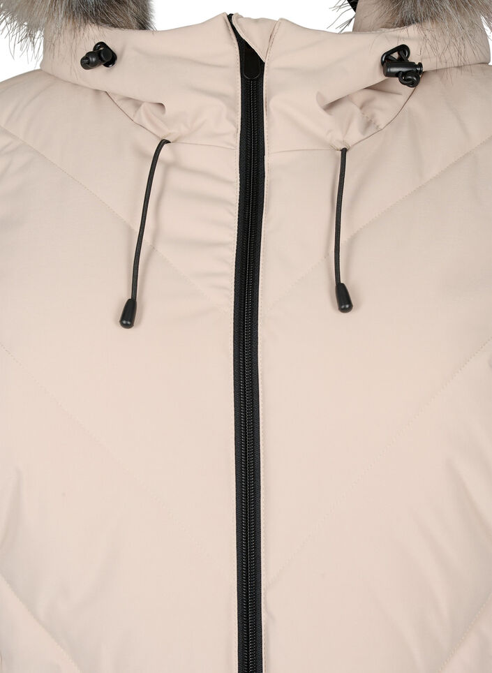 Long winter coat with hook fastenings and a faux fur collar, Beige, Packshot image number 2