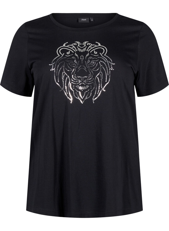 Cotton T-shirt with print, Black w. Silverlion, Packshot image number 0