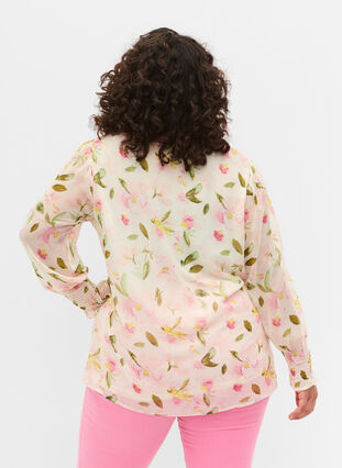 Floral blouse with long sleeves and v neck, White/Pink Flower, Model image number 1