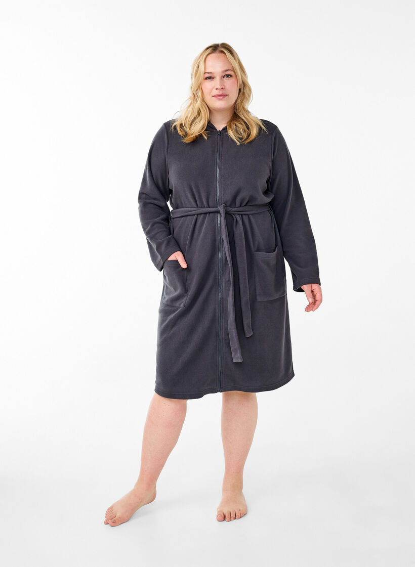 Morning robe with zipper and hood, Dark Grey, Model image number 1