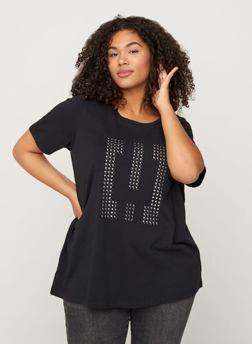 Cotton t-shirt with sequins, Black w Excla, Model image number 0