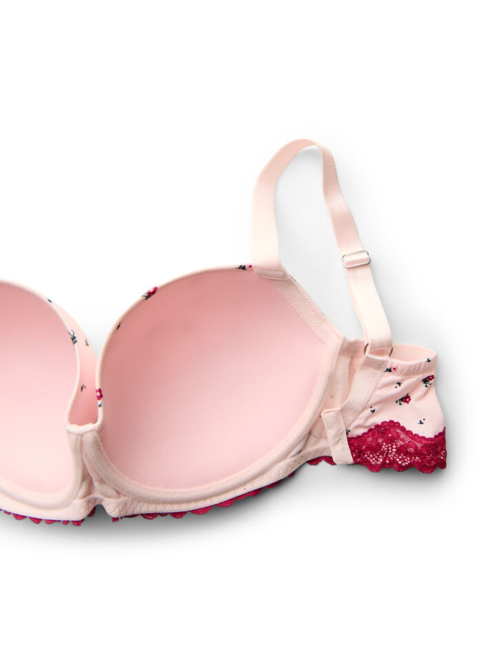 Moulded bra with floral print and lace, Rose, Packshot image number 3
