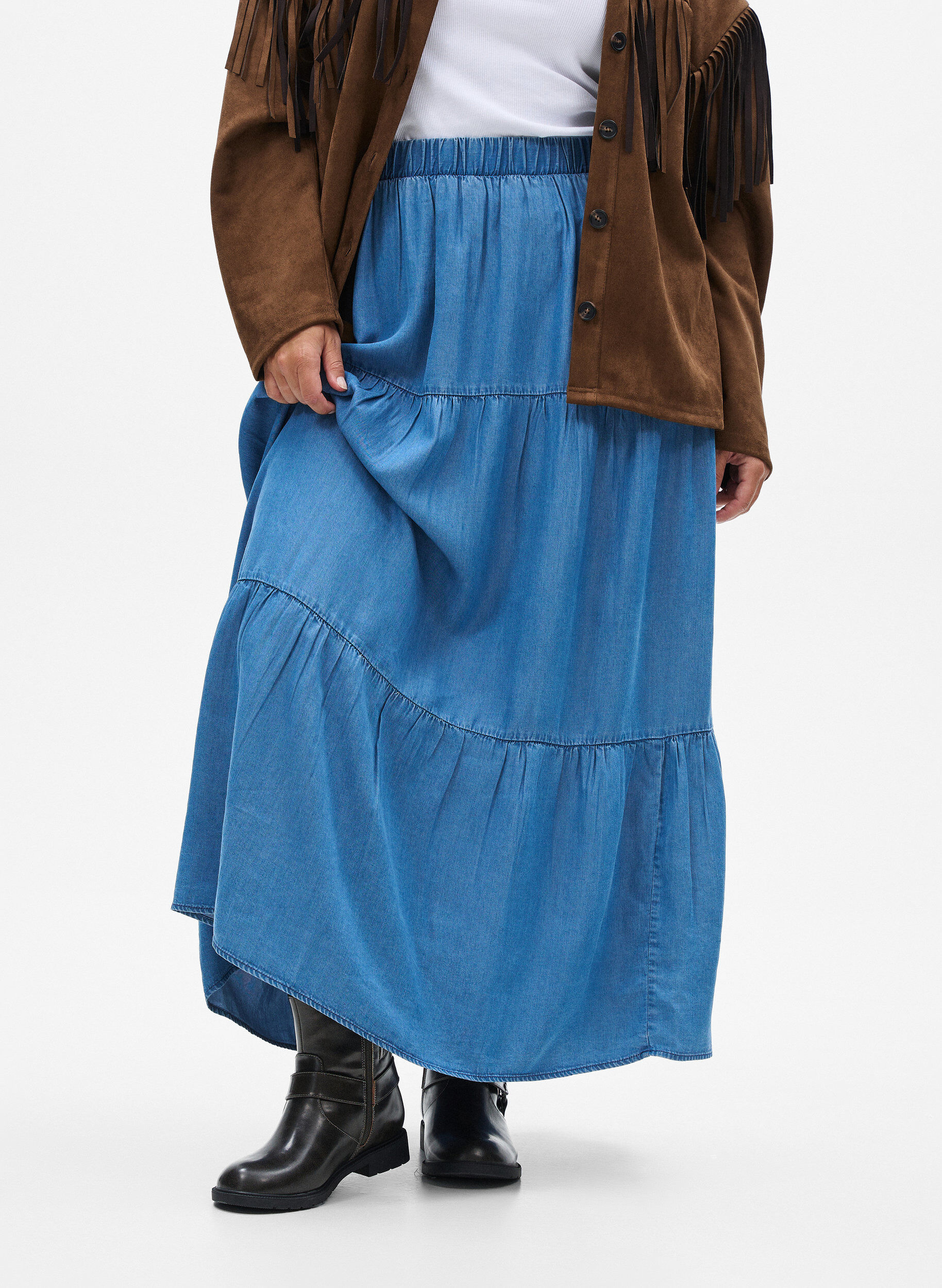 Zizzifashion Denim maxi skirt with ruffles, Blue, Model image number 2