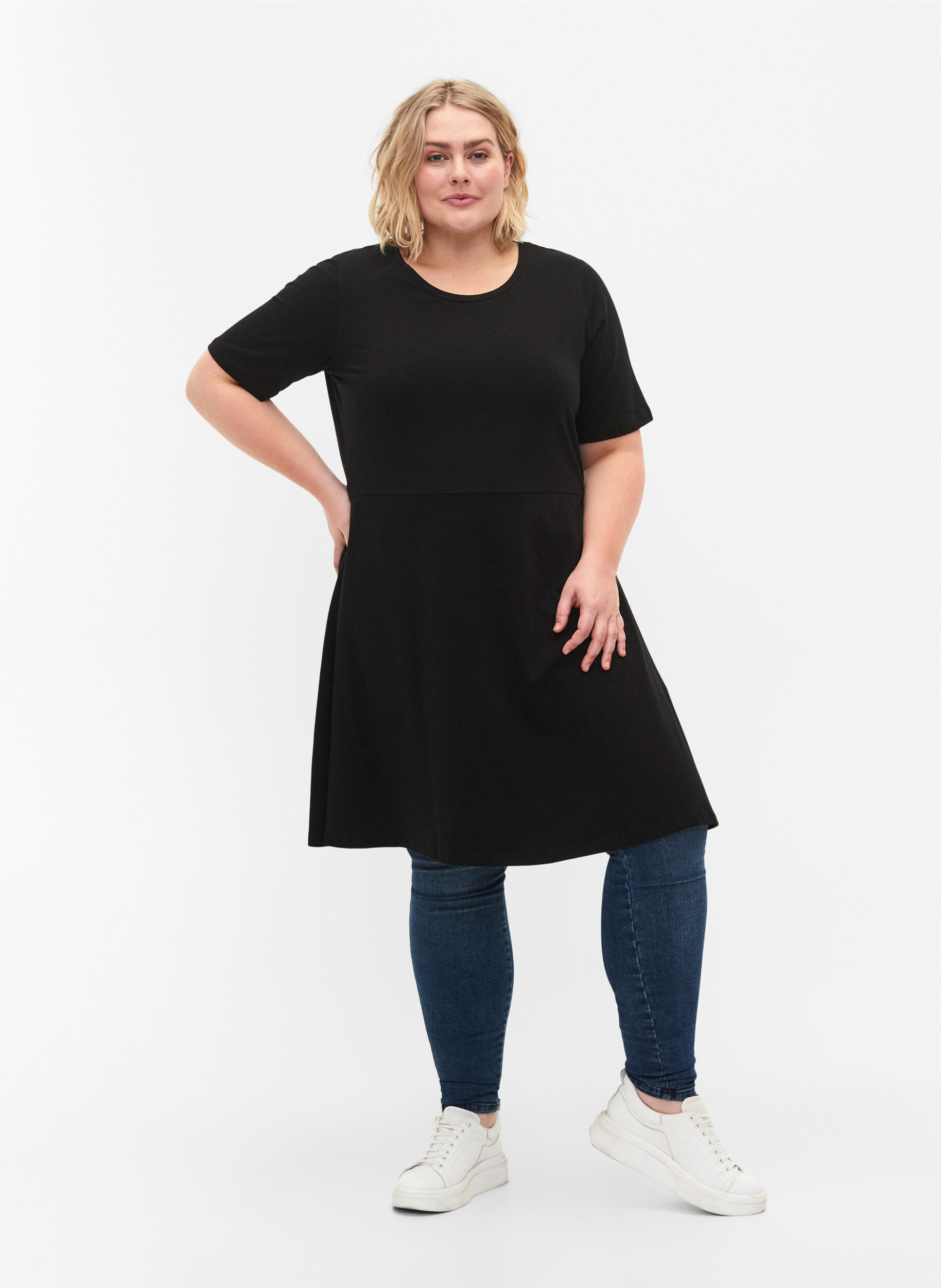 Zizzifashion Solid cotton dress with short sleeves, Black, Model image number 2