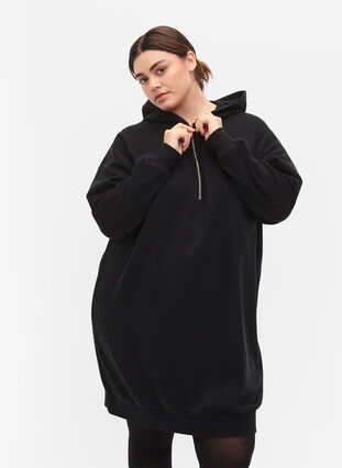 Sweatshirt dress with hood and zip, Black, Model image number 0