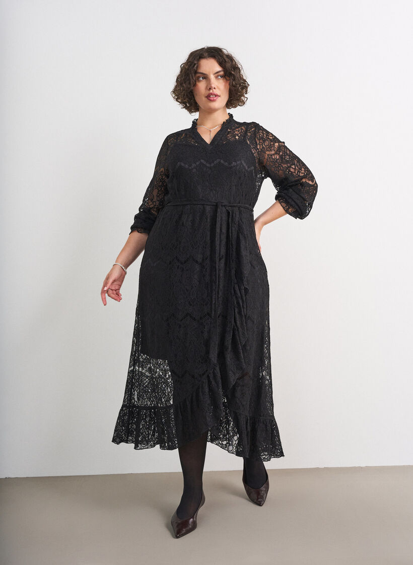 Lace dress with wrap skirt and ruffles, Black, Model image number 0