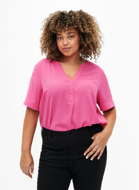 Short-sleeved blouse with v-neckline, Raspberry Sorbet, Model