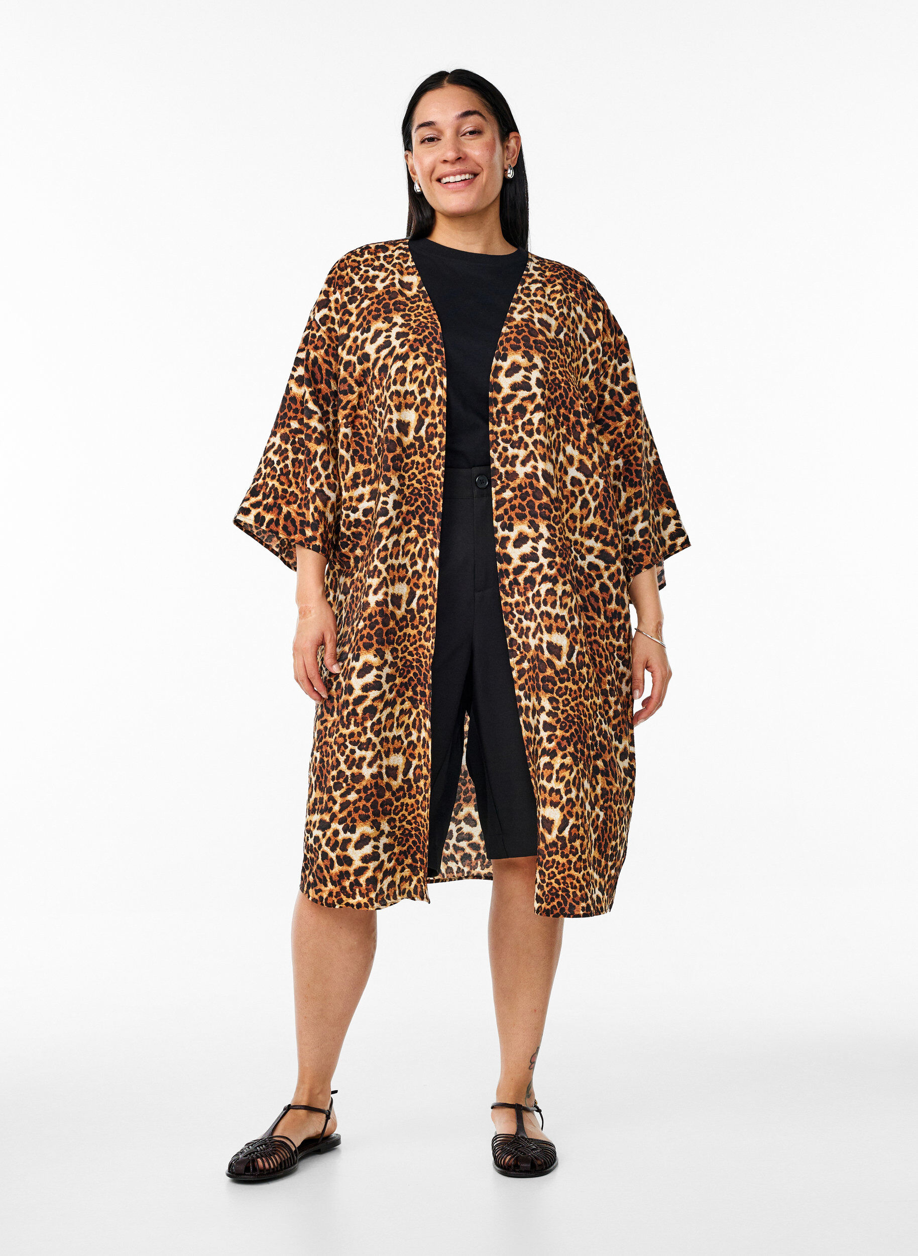 Zizzifashion Viscose kimono with 3/4 sleeves, Brown, Model image number 1