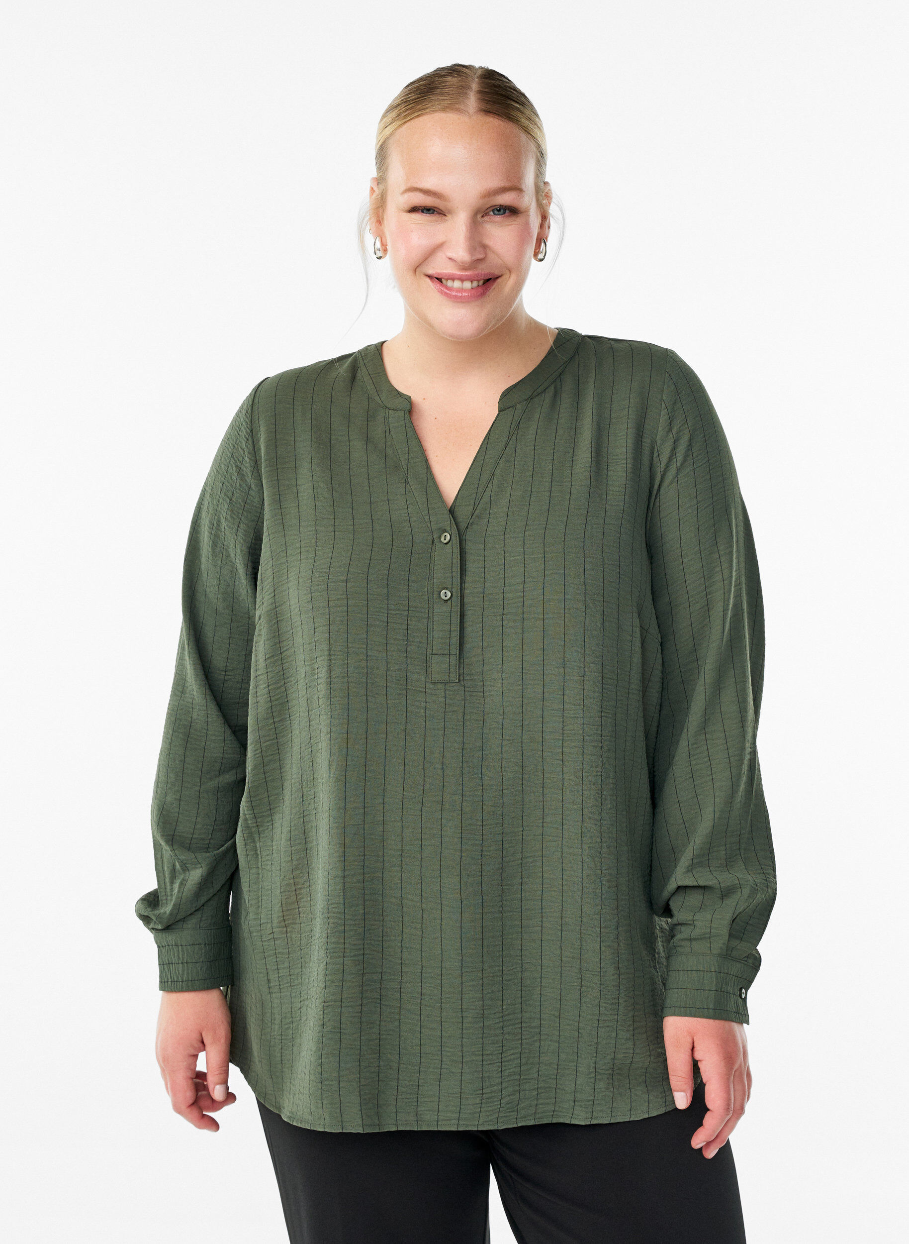 Pinstripe shirt blouse, Green, Model