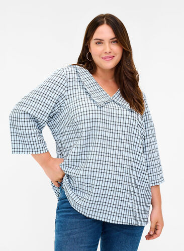 Checked blouse with 3/4 sleeves and ruffled collar, Light Blue Check , Model image number 0