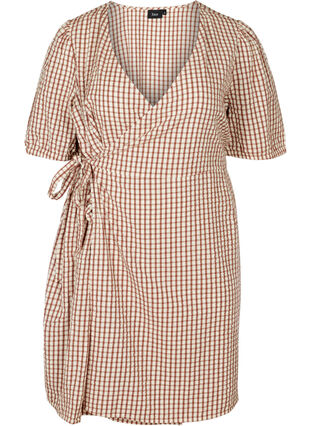 Short-sleeved checked wrap dress, Coloured Check, Packshot image number 0